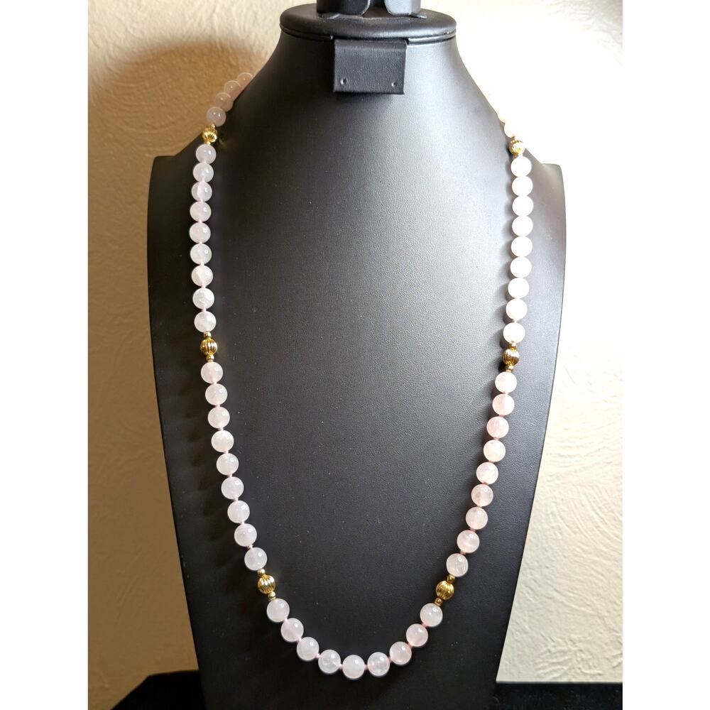 Ice Cold Rose Quartz & Gold Striated Bead Hand Knotted Over the Head Necklace